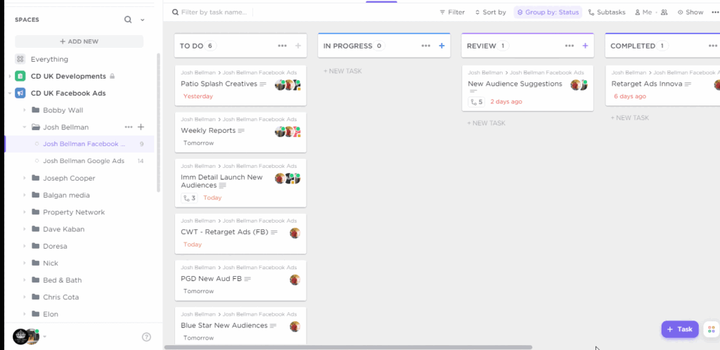 Choose Marketers task board for Facebook Ads campaign management