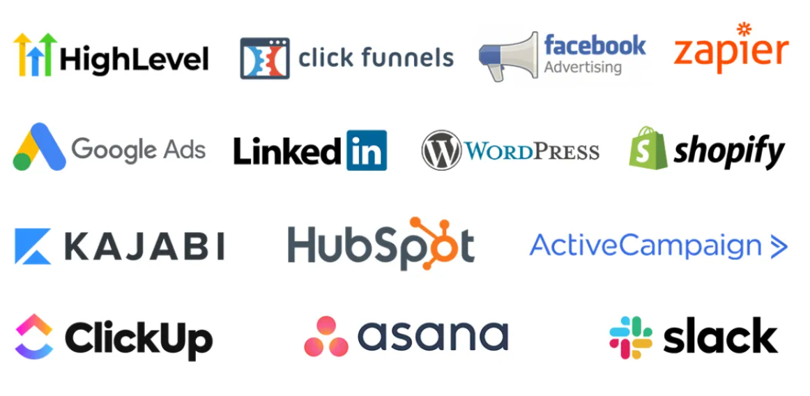 Logos of various digital marketing and business tools including HighLevel, ClickFunnels, Google Ads, LinkedIn, Shopify, HubSpot, Asana, and more.