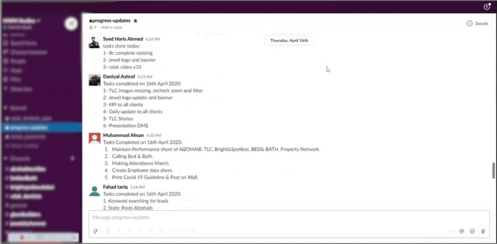 Slack progress updates for marketing team collaboration and task tracking