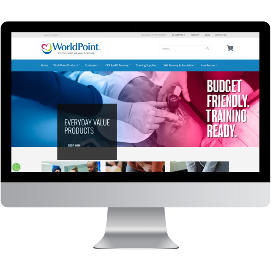 WorldPoint homepage displayed on a desktop, featuring training products, CPR, and AED supplies with a focus on budget-friendly training solutions.