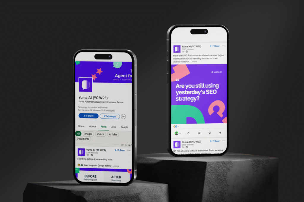 Yuma AI LinkedIn page and post on mobile showcasing SEO strategy discussion